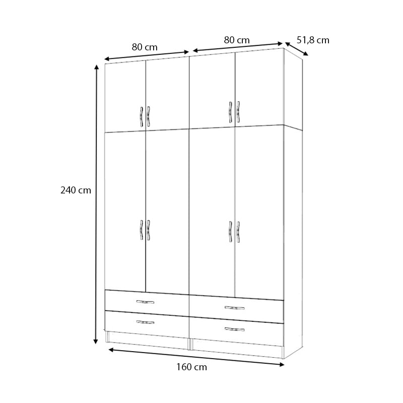 Ντουλάπα ρούχων Ricardo Megapap τετράφυλλη με πατάρι και συρτάρια χρώμα ανθρακί 160x51,8x240εκ. - Hippiehome.gr
