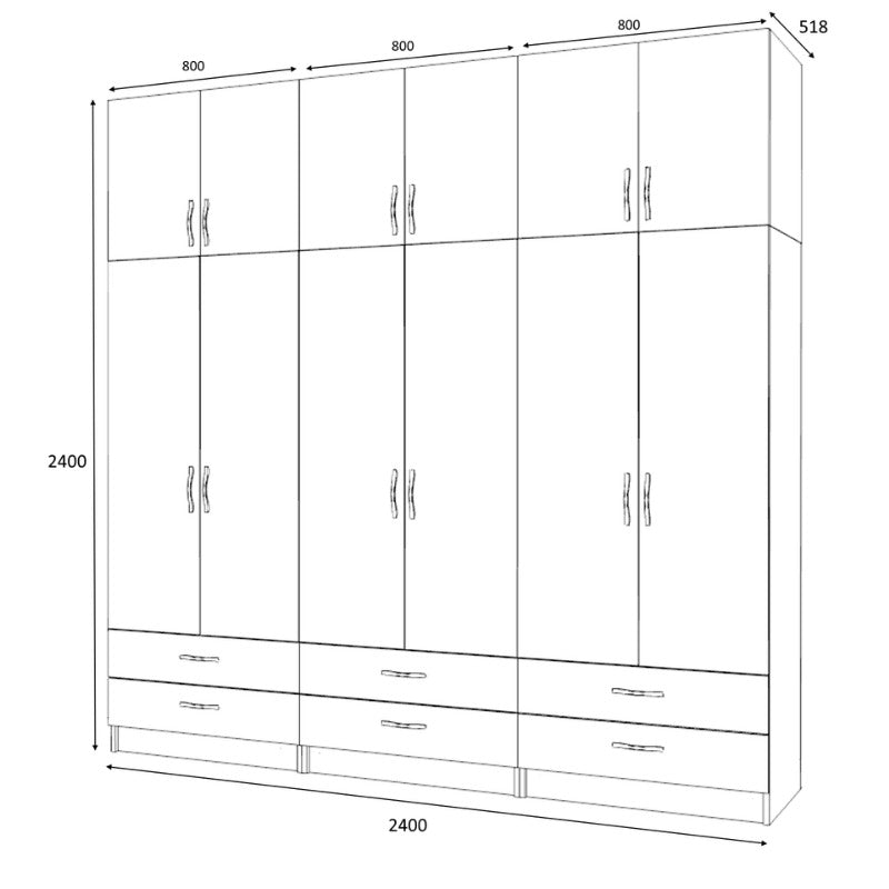 Ντουλάπα ρούχων Ricardo Megapap εξάφυλλη με πατάρι και συρτάρια χρώμα λευκό 240x51,8x240εκ. - Hippiehome.gr