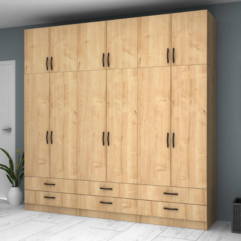 Ντουλάπα ρούχων Ricardo Megapap εξάφυλλη με πατάρι και συρτάρια χρώμα φυσικό οξιάς 240x51,8x240εκ. - Hippiehome.gr