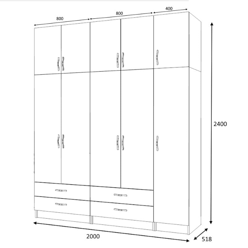Ντουλάπα ρούχων Ricardo Megapap πεντάφυλλη με πατάρι και συρτάρια χρώμα καρυδί 200x51,8x240εκ. - Hippiehome.gr