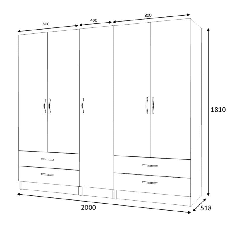 Ντουλάπα ρούχων Ricardo Megapap πεντάφυλλη με συρτάρια χρώμα καρυδί 200x51,8x181εκ. - Hippiehome.gr