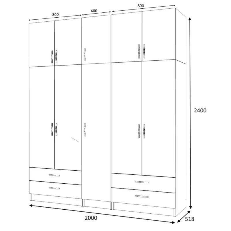 Ντουλάπα ρούχων Ricardo Megapap πεντάφυλλη με πατάρι και συρτάρια χρώμα καρυδί 200x51,8x240εκ. - Hippiehome.gr