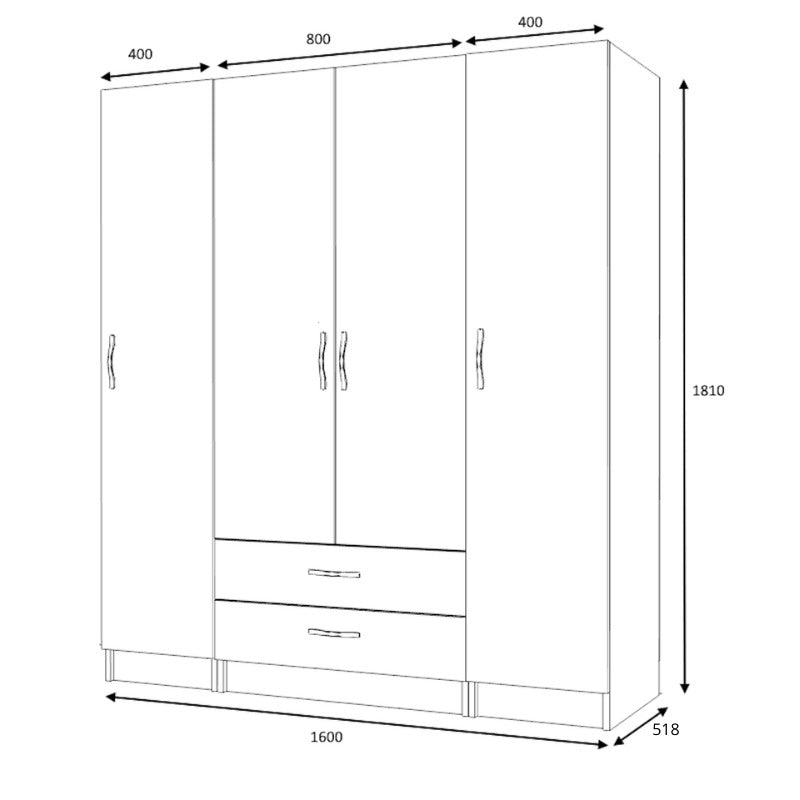 Ντουλάπα ρούχων Ricardo Megapap τετράφυλλη με συρτάρια χρώμα καρυδί 160x51,8x181εκ. - Hippiehome.gr