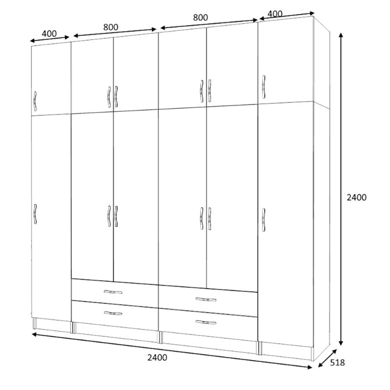 Ντουλάπα ρούχων Ricardo Megapap εξάφυλλη με πατάρι και συρτάρια χρώμα λευκό 240x51,8x240εκ. - Hippiehome.gr