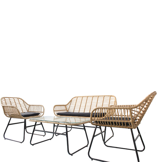 Σετ Σαλόνι Κήπου ACILIUS Φυσικό/Μαύρο Μέταλλο/Rattan 2θ. Καναπές+2 Πολυθρόνες+Τραπεζάκι - Hippiehome.gr