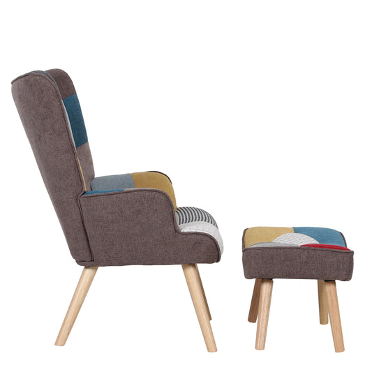 Πολυθρόνα Μπερζέρα Με Υποπόδιο BRIAR Patchwork Ύφασμα/Ξύλο 73x69x96cm - Hippiehome.gr