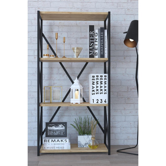 Βιβλιοθήκη IKE Δρυς/Μαύρο Μοριοσανίδα/Μέταλλο 70x34x114.5cm - Hippiehome.gr