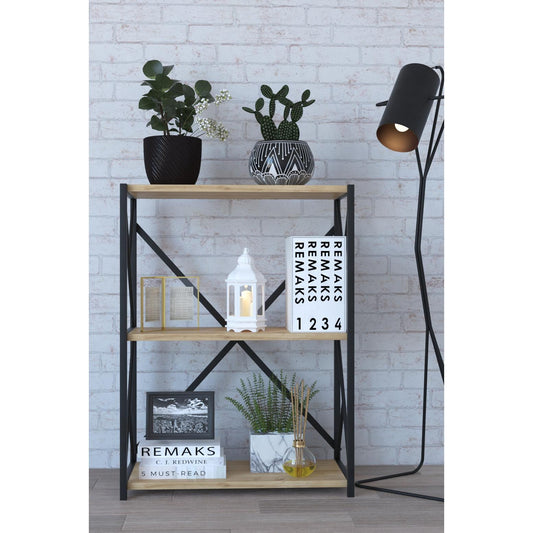 Βιβλιοθήκη JAWARA Δρυς/Μαύρο Μοριοσανίδα/Μέταλλο 70x34x78.5cm - Hippiehome.gr