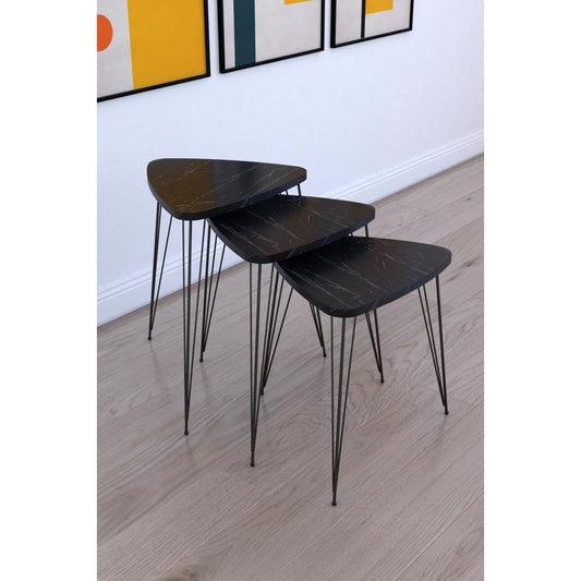 Τραπεζάκι Βοηθητικό FARAJI Μαύρο/Όψη Μαρμάρου Μοριοσανίδα/Μέταλλο 35x52cm Σετ 3Τμχ - Hippiehome.gr