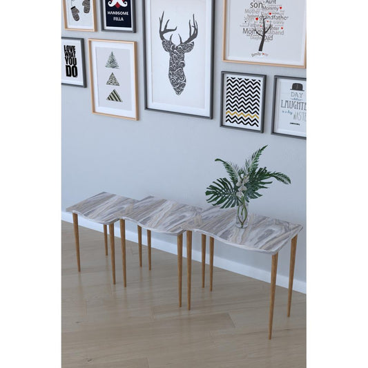 Τραπεζάκι Βοηθητικό NURU Γκρι/Όψη Μαρμάρου Μοριοσανίδα/Ξύλο 53x35x52/44x35x47/35x35x42cm Σετ 3Τμχ - Hippiehome.gr