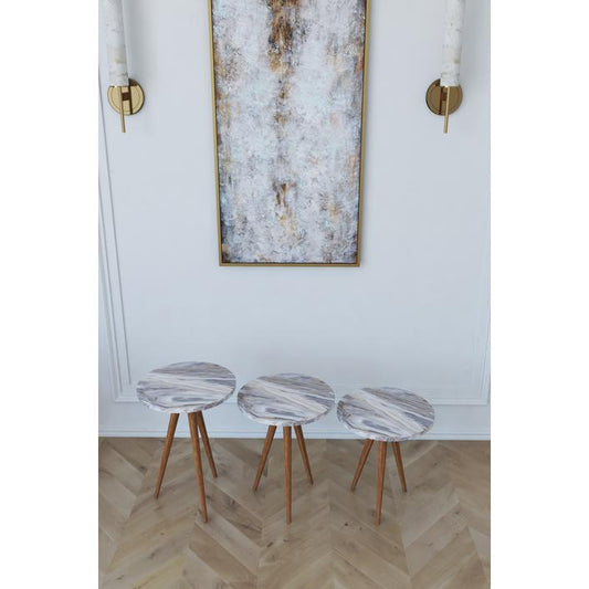 Τραπεζάκι Βοηθητικό BISI Γκρι/Όψη Μαρμάρου Μοριοσανίδα/Ξύλο 33.5x52/33.5x47/33.5x42cm Σετ 3Τμχ - Hippiehome.gr