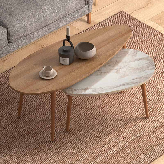 Βοηθητικά τραπεζάκια Elips Megapap από μελαμίνη χρώμα oak - μπεζ εφέ μαρμάρου 116x46x46εκ. - Hippiehome.gr