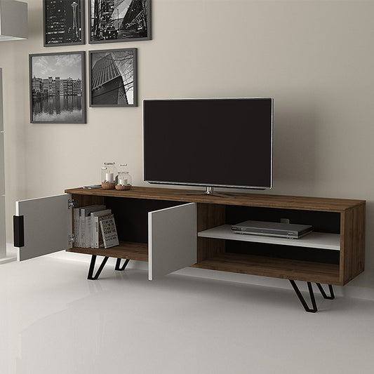 Έπιπλο τηλεόρασης Foot Megapap από μελαμίνη χρώμα καρυδί - λευκό 160x35x49εκ. - Hippiehome.gr