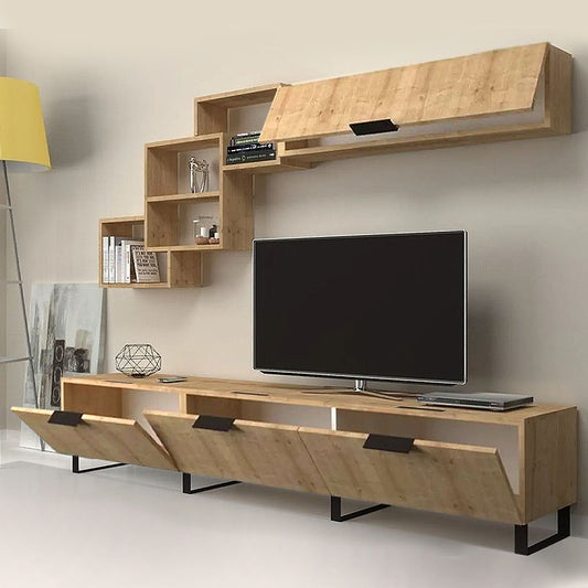 Σύνθεση τηλεόρασης Heydar Megapap από μελαμίνη χρώμα φυσικό οξιάς 210x35x50εκ. - Hippiehome.gr