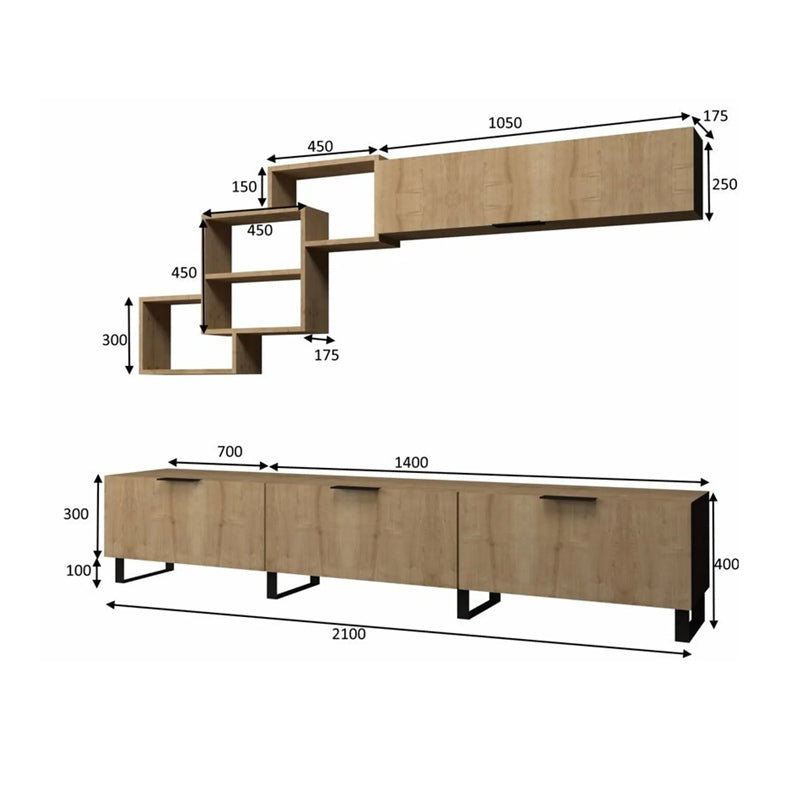 Σύνθεση τηλεόρασης Heydar Megapap από μελαμίνη χρώμα φυσικό οξιάς 210x35x50εκ. - Hippiehome.gr