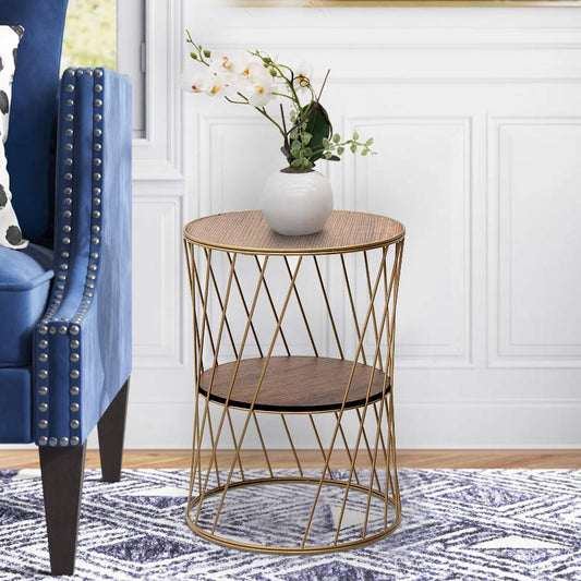 Βοηθητικό τραπεζάκι Jaspin Megapap μεταλλικό - Mdf χρώμα χρυσό - καρυδί 32x32x44εκ. - Hippiehome.gr