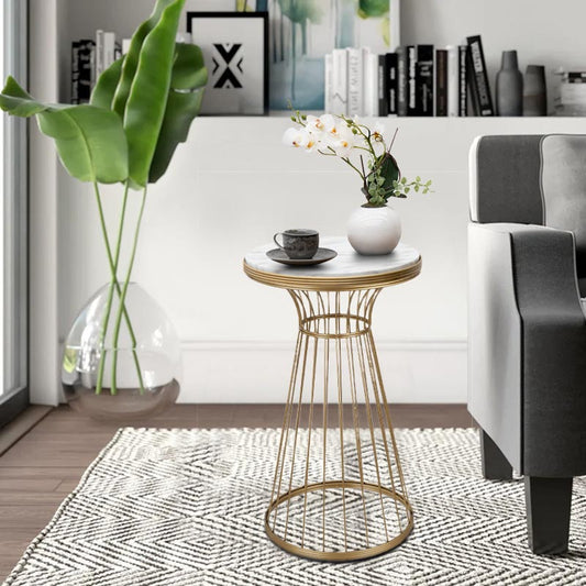 Βοηθητικό τραπεζάκι Tekosi Megapap μεταλλικό - Mdf χρώμα χρυσό - λευκό εφέ μαρμάρου 35x35x58εκ. - Hippiehome.gr
