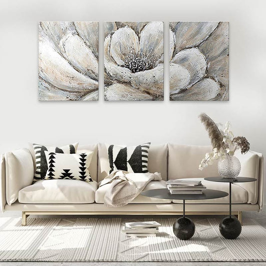 Πίνακας σε καμβά "Silver Flowers" Megapap τρίπτυχος ψηφιακής εκτύπωσης 126x55x3εκ. - Hippiehome.gr