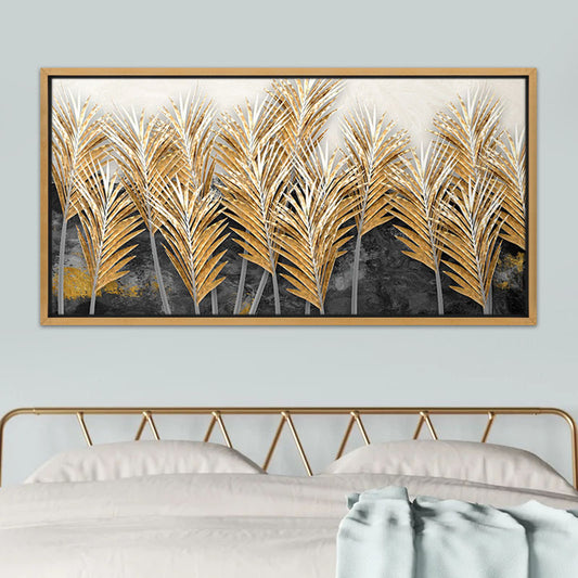 Πίνακας σε καμβά "Gold Leaves" Megapap ψηφιακής εκτύπωσης με κορνίζα χρώμα χρυσό 140x70x3εκ. - Hippiehome.gr