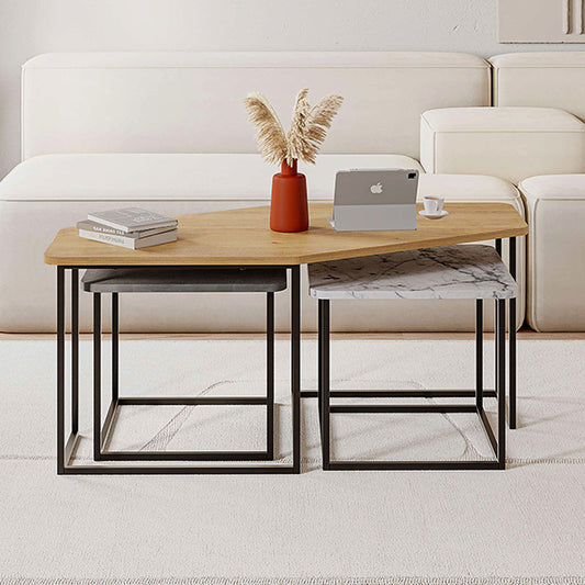 Τραπεζάκι σαλονιού σετ 3 τμχ. Nesty Megapap από μελαμίνη χρώμα saphhire oak - γκρι ρετρό - λευκό εφέ μαρμάρου 110x60x48εκ. - Hippiehome.gr