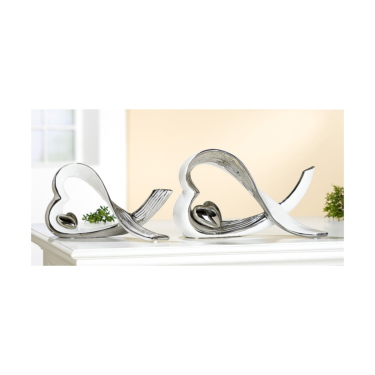 Διακοσμητικό ArteLibre Καρδιές Λευκό/Ασημί Κεραμικό 9x25x15cm - Hippiehome.gr