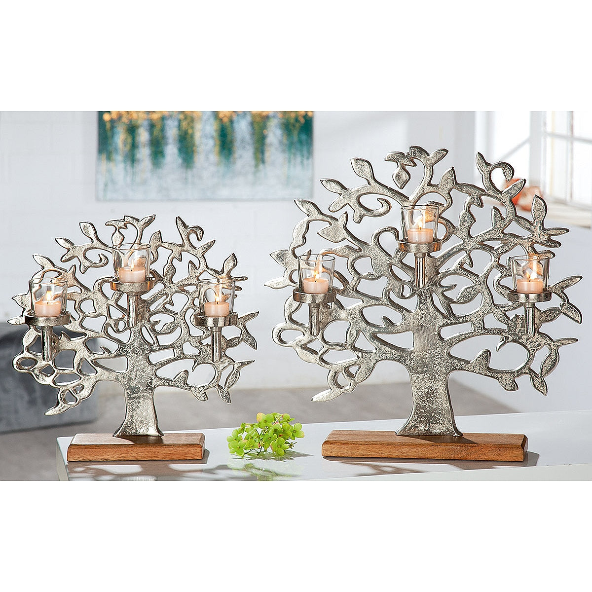Κηροπήγιο ArteLibre 3θέσιο Δέντρο Της Ζωής Σε Βάση Ασημί/Φυσικό Αλουμίνιο/Ξύλο 11x36x38cm - Hippiehome.gr