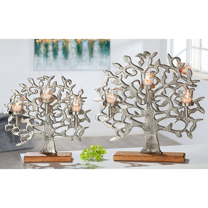 Κηροπήγιο ArteLibre 3θέσιο Δέντρο Της Ζωής Σε Βάση Ασημί/Φυσικό Αλουμίνιο/Ξύλο 11x36x38cm - Hippiehome.gr