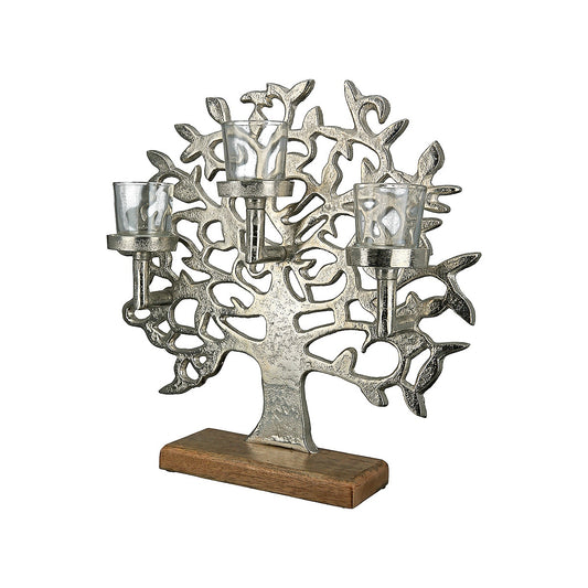 Κηροπήγιο ArteLibre 3θέσιο Δέντρο Της Ζωής Σε Βάση Ασημί/Φυσικό Αλουμίνιο/Ξύλο 11x36x38cm