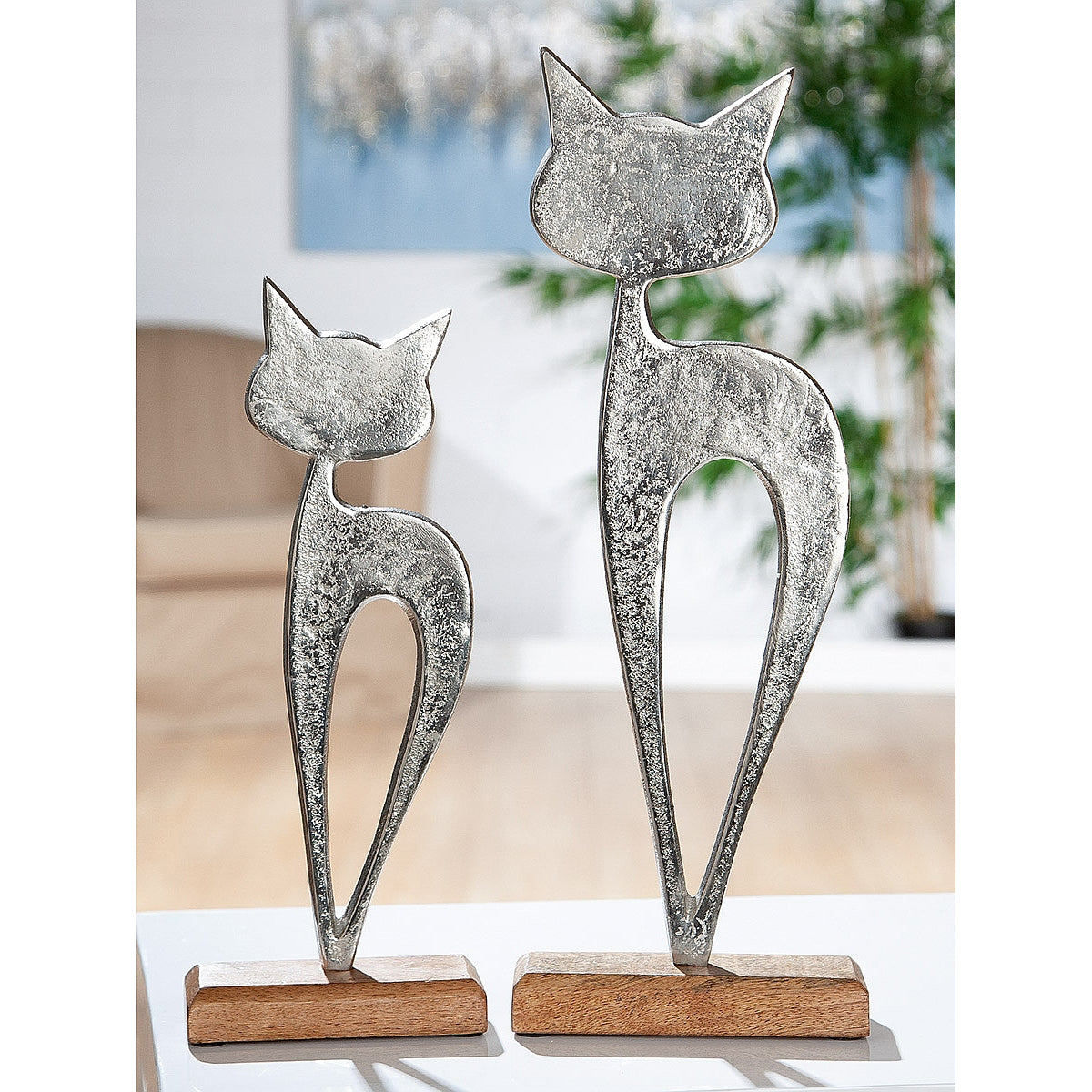 Διακοσμητικό ArteLibre Φιγούρα Γάτας Ασημί/Φυσικό Αλουμίνιο/Ξύλο 5x13x32cm - Hippiehome.gr