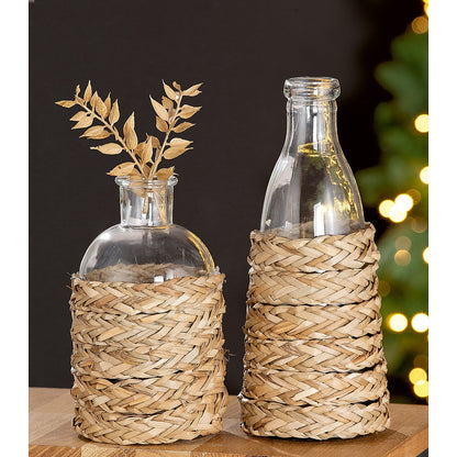 Βάζο ArteLibre Μπουκάλι Διάφανο/Φυσικό Γυαλί/Ψάθα 27cm - Hippiehome.gr