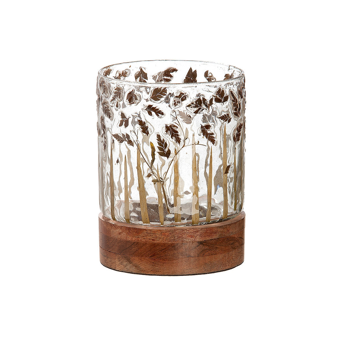 Κηροπήγιο ArteLibre Με Διακόσμηση Φύλλα Διάφανο/Καφέ Γυαλί/Ξύλο 13.5cm - Hippiehome.gr