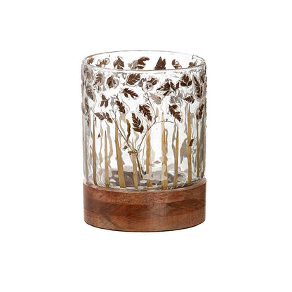 Κηροπήγιο ArteLibre Με Διακόσμηση Φύλλα Διάφανο/Καφέ Γυαλί/Ξύλο 13.5cm - Hippiehome.gr