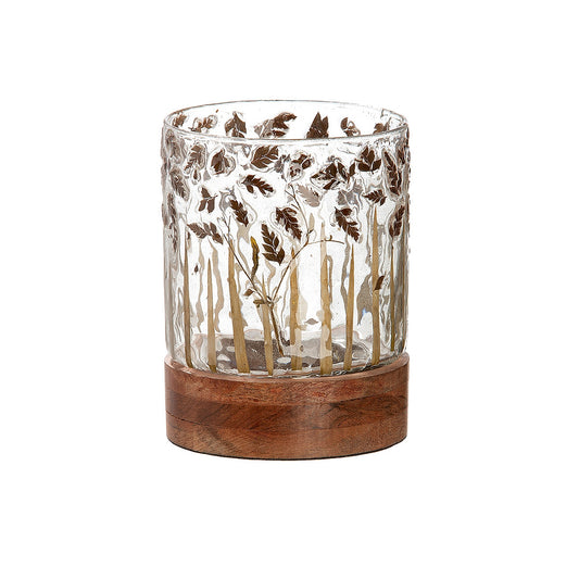 Κηροπήγιο ArteLibre Με Διακόσμηση Φύλλα Διάφανο/Καφέ Γυαλί/Ξύλο 13.5cm - Hippiehome.gr
