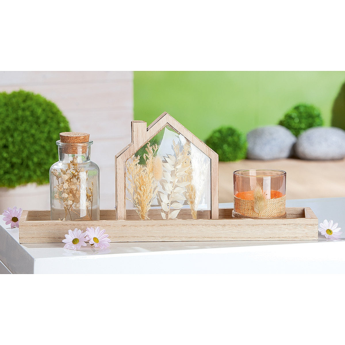 Σετ Κερί Σε Βάζο/Δοχείο/LED Σπιτάκι Σε Δίσκο ArteLibre Γυαλί/Ξύλο 10x40x17cm 3Τμχ - Hippiehome.gr