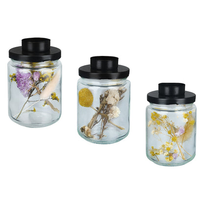 Δοχείο ArteLibre Με Αποξηραμένα Φυτά Και Βιδωτό Καπάκι Με Θήκη Ρεσώ Διάφανο/Μαύρο Γυαλί/Μέταλλο 12.5cm Σε 3 Σχέδια - Hippiehome.gr