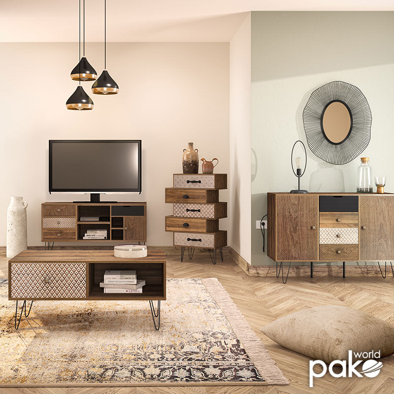 Συρταριέρα Boho pakoworld με συρτάρια-ντουλάπι καρυδί μεταλλικά πόδια 79,5x39,5x86εκ - Hippiehome.gr