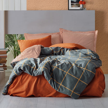 Σετ παπλωματοθήκη Stark Cotton Box 3 τμχ Μονή (160x220) χρώμα cinnamon - μπλε - Hippiehome.gr
