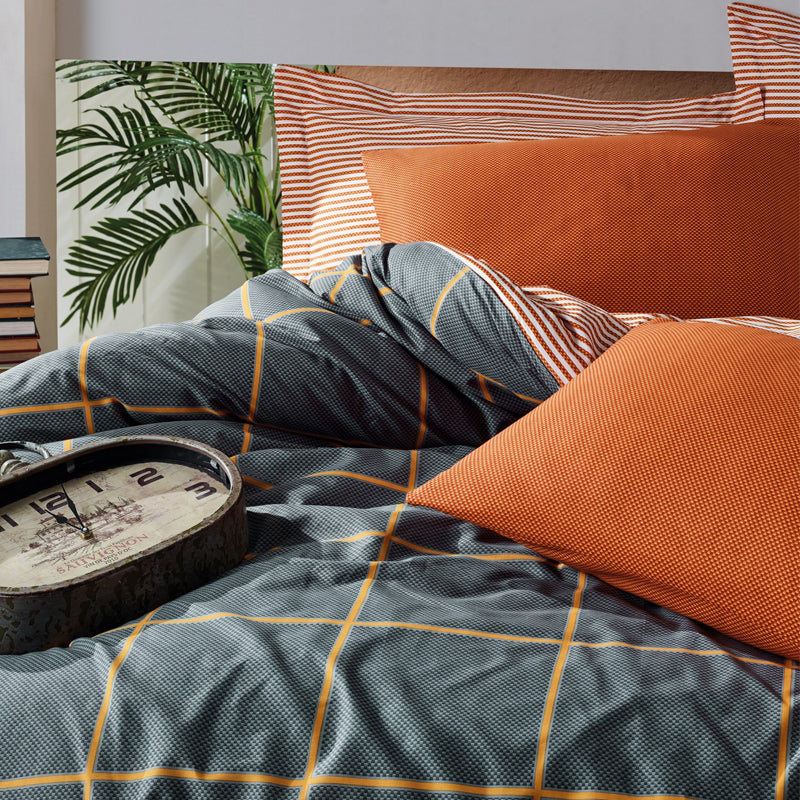 Σετ παπλωματοθήκη Stark Cotton Box 4 τμχ Διπλή (200x220) χρώμα cinnamon - μπλε - Hippiehome.gr