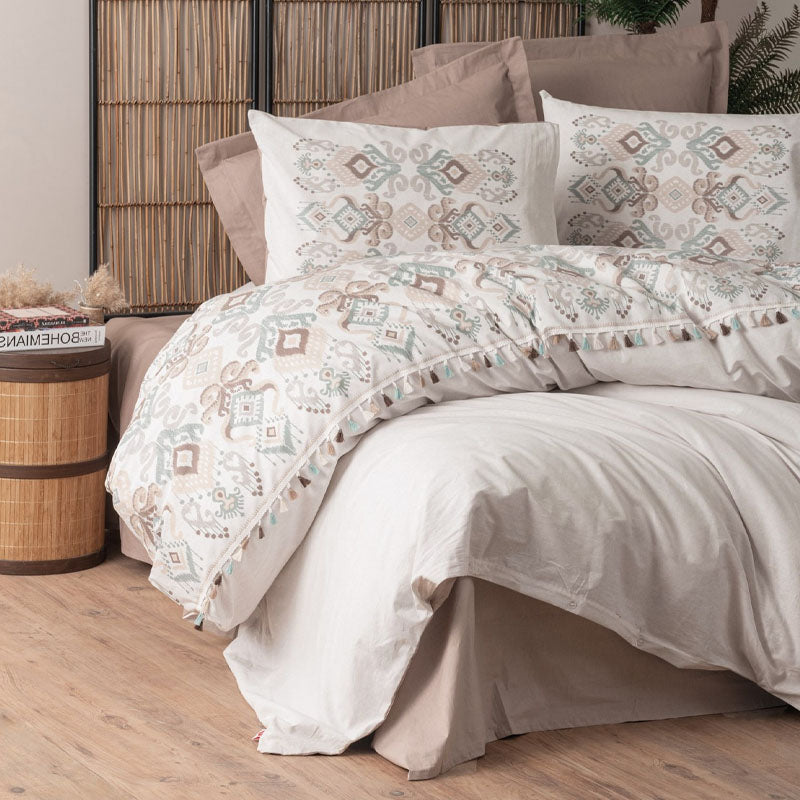 Σετ παπλωματοθήκη Asilo Cotton Box 4 τμχ Διπλή (200x220) χρώμα καφέ - λευκό - Hippiehome.gr