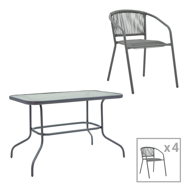 Τραπεζαρία Valor-Lindaria pakoworld σετ 5τεμ μέταλλο ανθρακί-γυαλί-pe rattan 110x60x70εκ - Hippiehome.gr