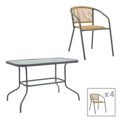 Τραπεζαρία Valor-Lindaria pakoworld σετ 5τεμ μέταλλο ανθρακί-γυαλί-pe rattan σε φυσική απόχρωση 110x60x70εκ - Hippiehome.gr