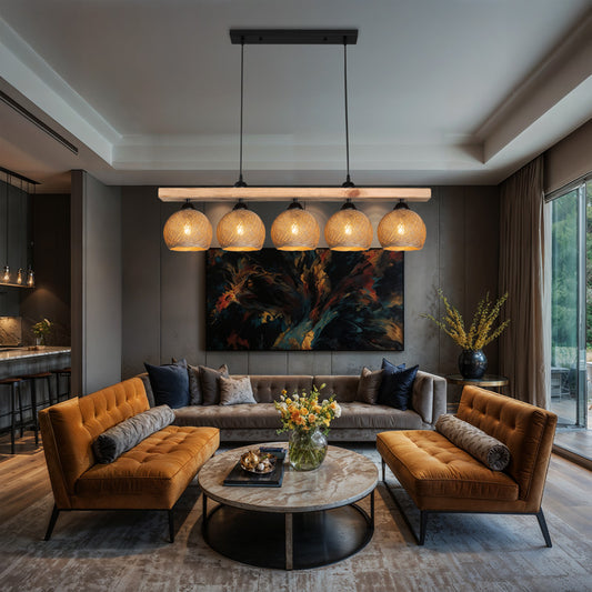 Φωτιστικό οροφής πεντάφωτο Salote pakoworld Ε27 σε καφέ-φυσική απόχρωση 100x18x24εκ - Hippiehome.gr