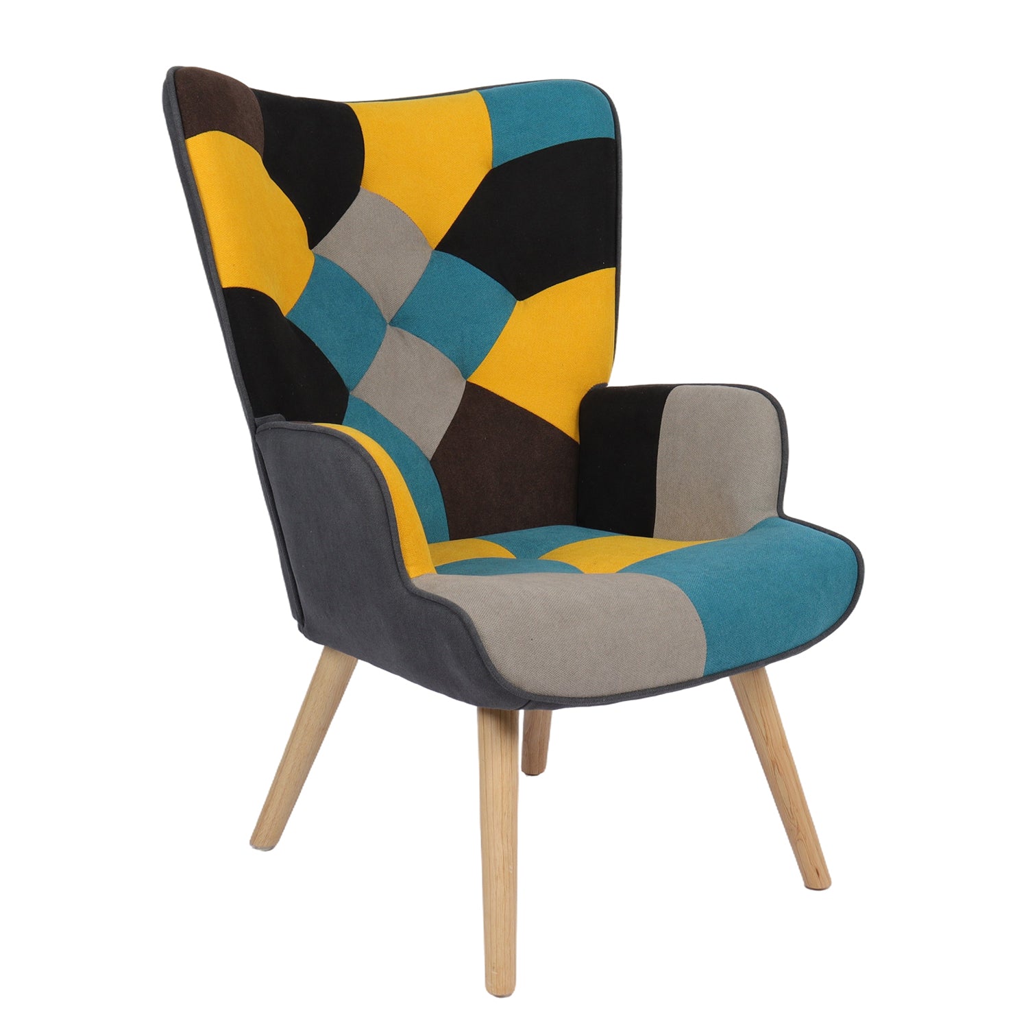 Πολυθρόνα ArteLibre BRIAR Κίτρινο/Μπλε Patchwork Ύφασμα/Ξύλο 73x69x96cm - Hippiehome.gr