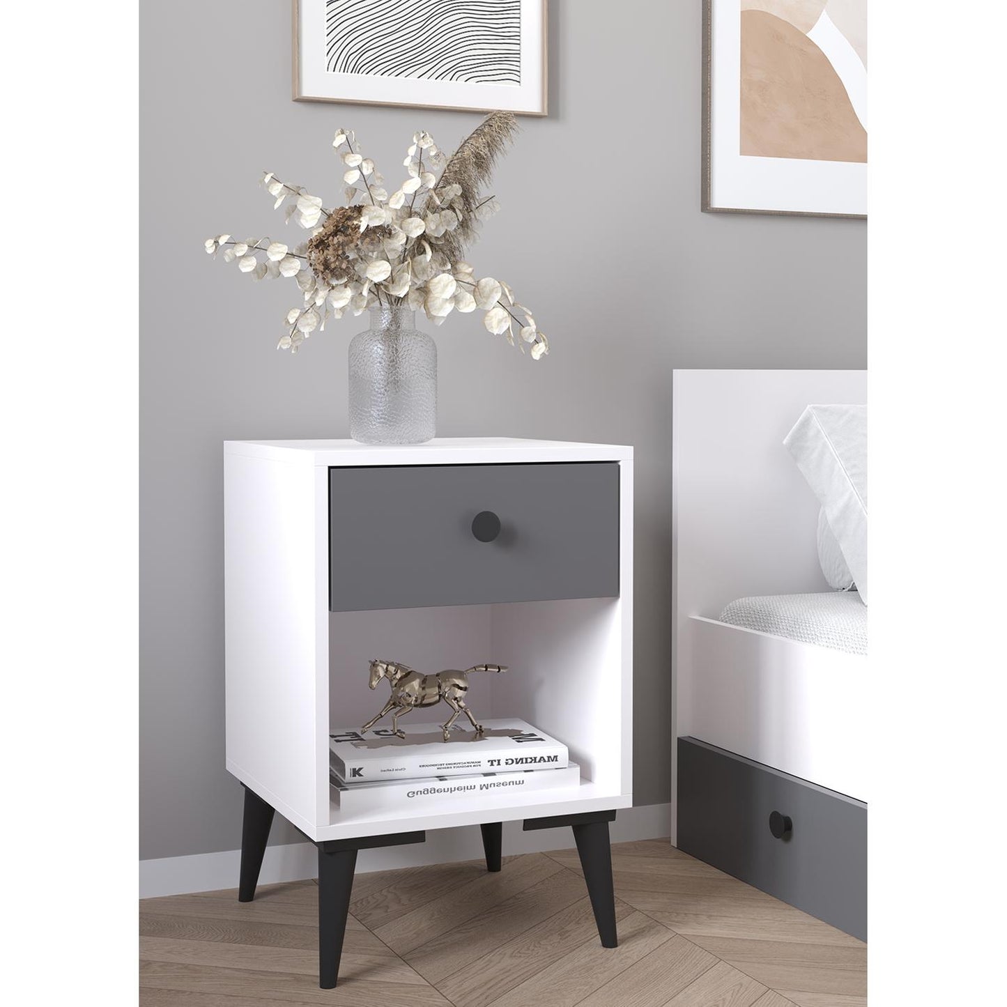 Κομοδίνο ArteLibre AMARI Λευκό/Ανθρακί Μοριοσανίδα 43x43x67.5cm - Hippiehome.gr