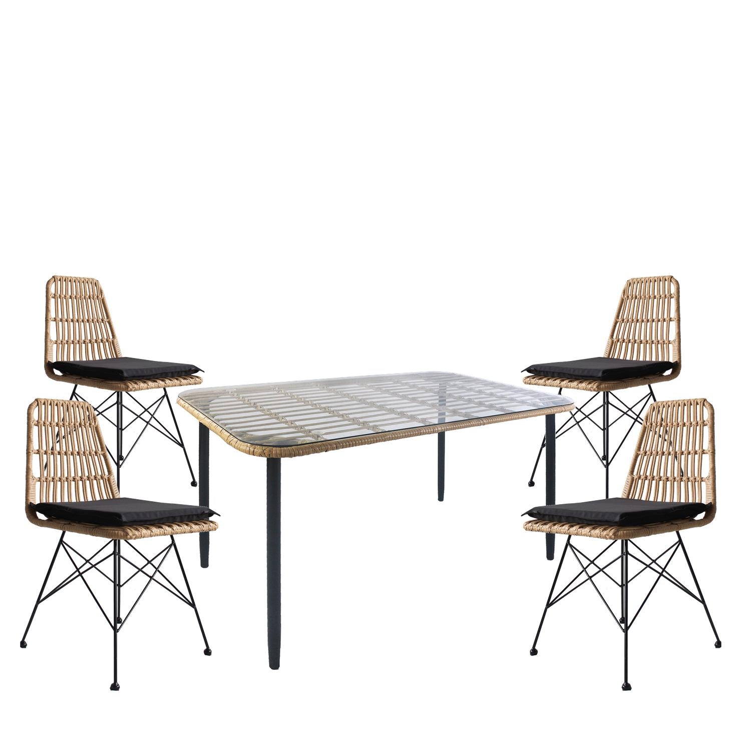 Σετ Τραπεζαρία Κήπου ArteLibre ANNIUS Φυσικό/Μαύρο Μέταλλο/Rattan/Γυαλί Με 4 Καρέκλες 14990289 - Hippiehome.gr