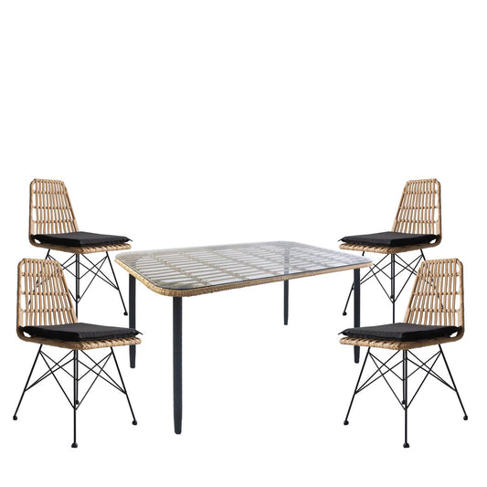 Σετ Τραπεζαρία Κήπου ArteLibre ANNIUS Φυσικό/Μαύρο Μέταλλο/Rattan/Γυαλί Με 4 Καρέκλες 14990289 - Hippiehome.gr