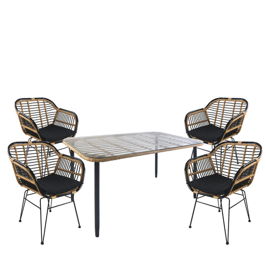 Σετ Τραπεζαρία Κήπου ArteLibre ANNIUS Φυσικό/Μαύρο Μέταλλο/Rattan/Γυαλί Με 4 Καρέκλες 14990293 - Hippiehome.gr