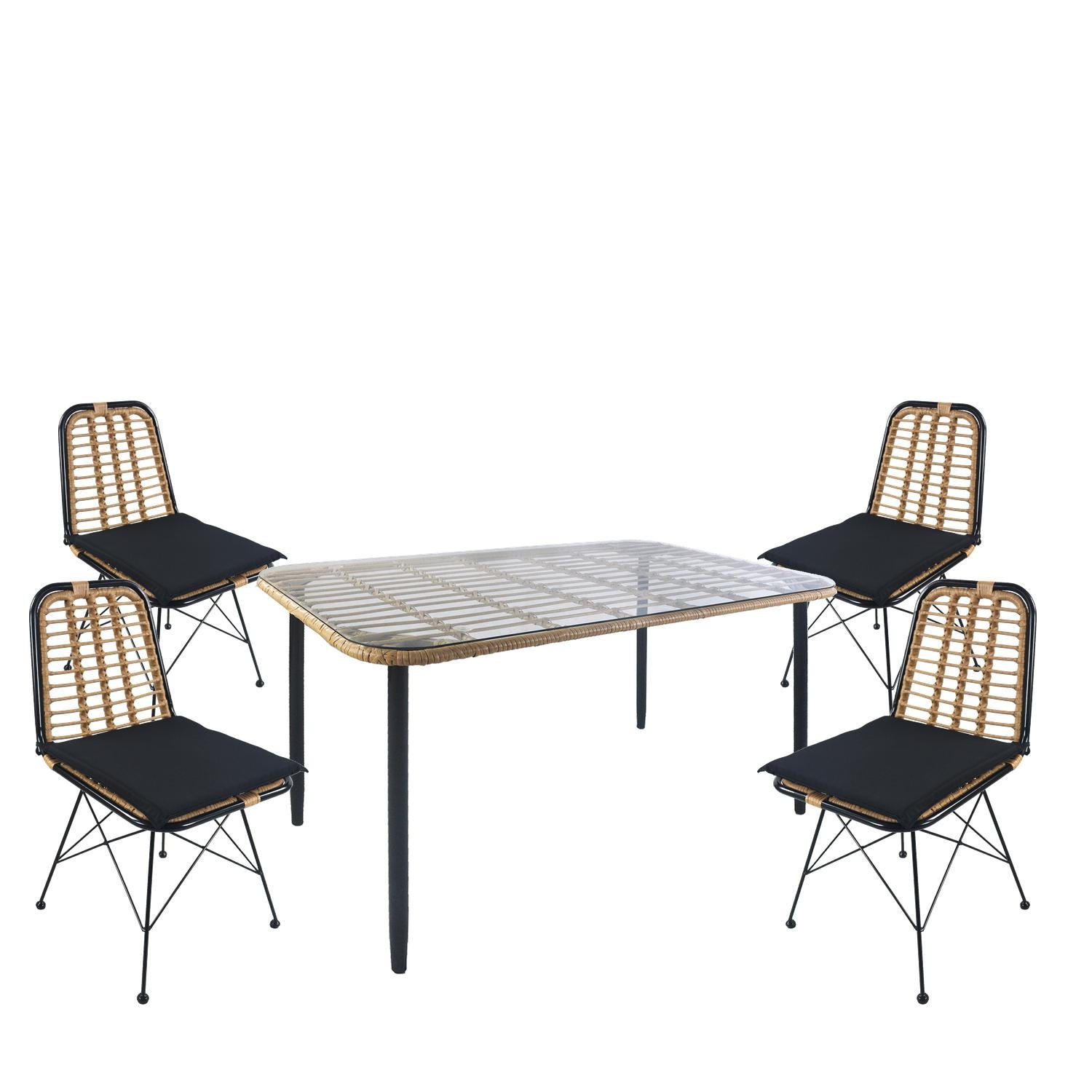 Σετ Τραπεζαρία Κήπου ArteLibre ANNIUS Φυσικό/Μαύρο Μέταλλο/Rattan/Γυαλί Με 4 Καρέκλες 14990301 - Hippiehome.gr