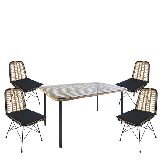 Σετ Τραπεζαρία Κήπου ArteLibre ANNIUS Φυσικό/Μαύρο Μέταλλο/Rattan/Γυαλί Με 4 Καρέκλες 14990301 - Hippiehome.gr