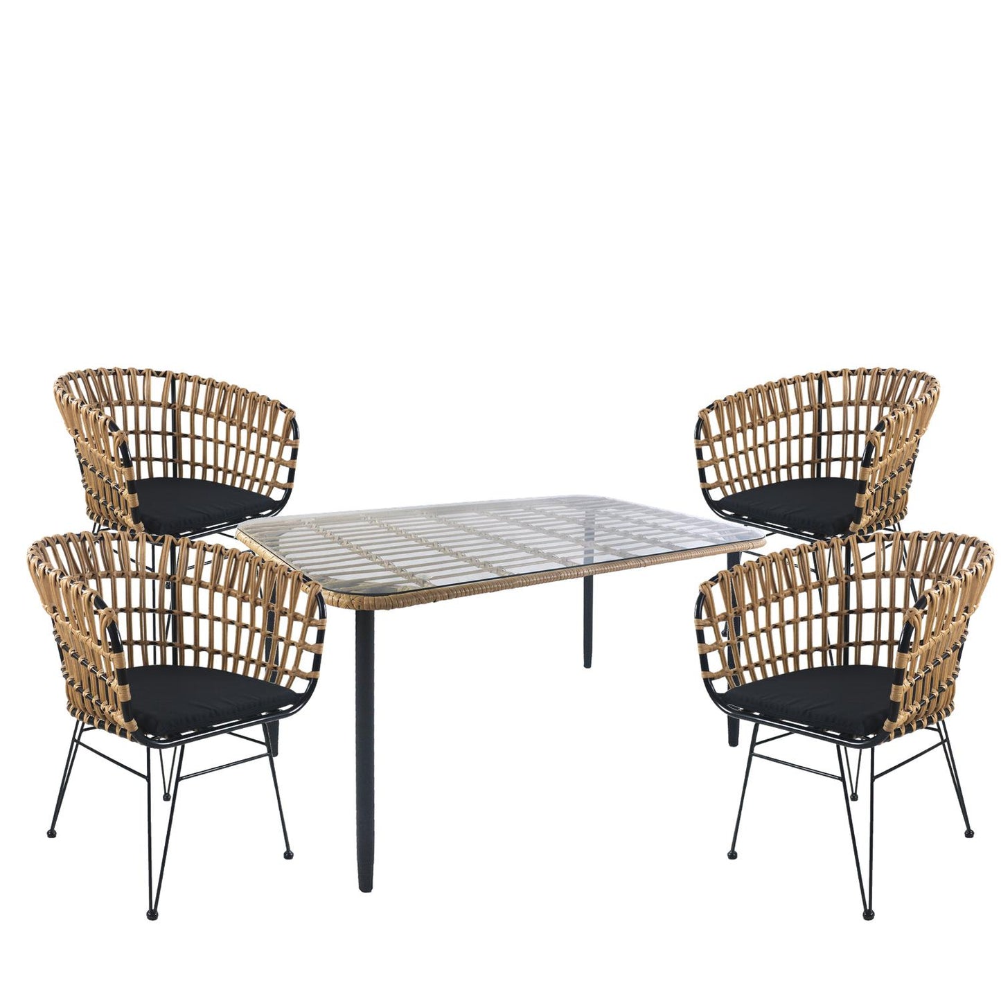 Σετ Τραπεζαρία Κήπου ArteLibre ANNIUS Φυσικό/Μαύρο Μέταλλο/Rattan/Γυαλί Με 4 Καρέκλες 14990305 - Hippiehome.gr